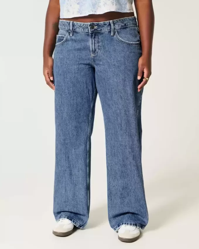 Kurviga låg-Rise Medium Wash Baggy Jeans