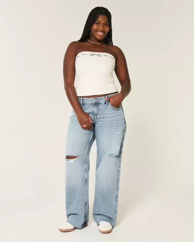 Kurviga låg-Rise Ripped Medium Wash Baggy Jeans Kurviga låg-Rise Ripped Medium Wash Baggy Jeans