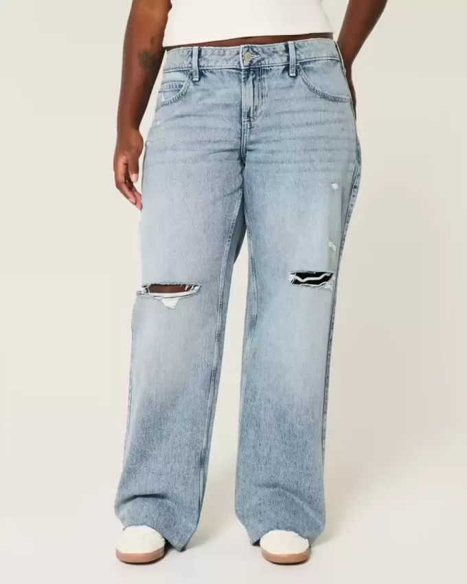 Kurviga låg-Rise Ripped Medium Wash Baggy Jeans Kurviga låg-Rise Ripped Medium Wash Baggy Jeans
