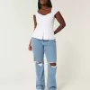 Kurviga Låg-Rise Ripped Medium Wash Relaxed Straight Jeans Kurviga Låg-Rise Ripped Medium Wash Relaxed Straight Jeans