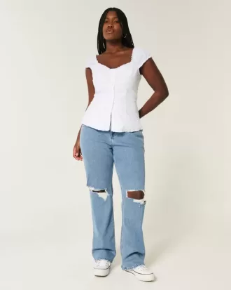 Kurviga Låg-Rise Ripped Medium Wash Relaxed Straight Jeans Kurviga Låg-Rise Ripped Medium Wash Relaxed Straight Jeans