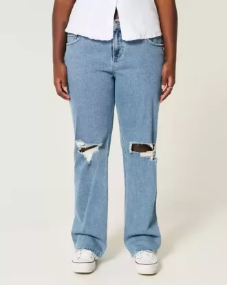 Kurviga Låg-Rise Ripped Medium Wash Relaxed Straight Jeans Kurviga Låg-Rise Ripped Medium Wash Relaxed Straight Jeans