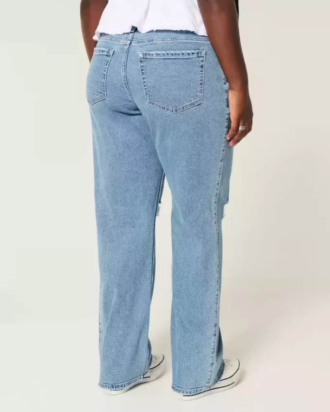 Kurviga Låg-Rise Ripped Medium Wash Relaxed Straight Jeans Kurviga Låg-Rise Ripped Medium Wash Relaxed Straight Jeans
