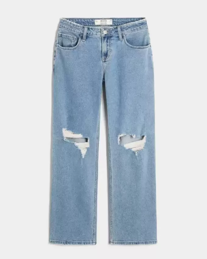 Kurviga Låg-Rise Ripped Medium Wash Relaxed Straight Jeans Kurviga Låg-Rise Ripped Medium Wash Relaxed Straight Jeans
