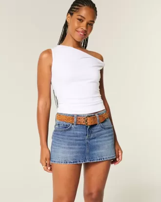 Kurvlig låg-Rise broderad rosett Denim Mini Skort