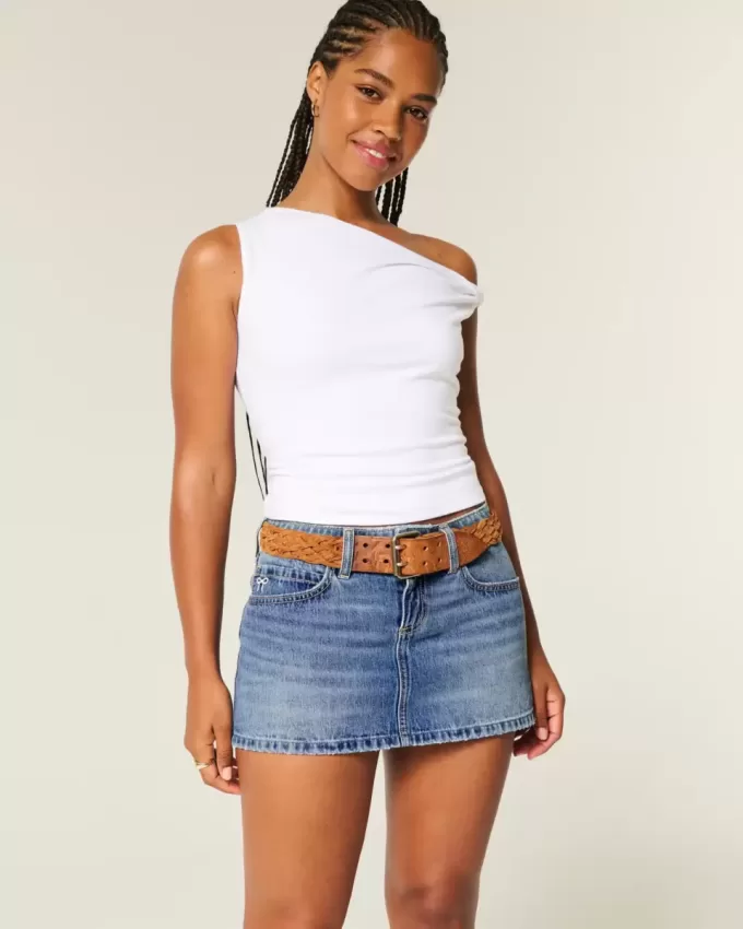 Kurvlig låg-Rise broderad rosett Denim Mini Skort Kurvlig låg-Rise broderad rosett Denim Mini Skort