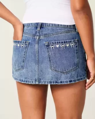 Kurvlig låg-Rise broderad rosett Denim Mini Skort