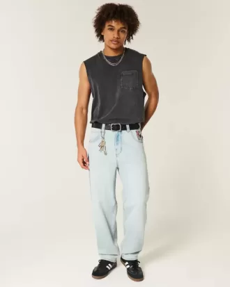 Light Wash Spelkort Grafiska Skater Baggy Jeans