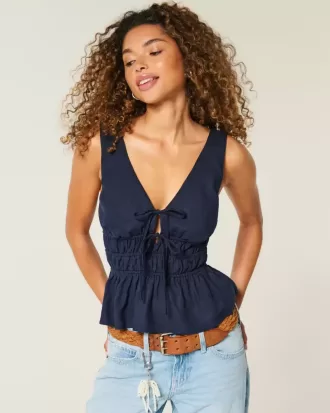 Linne-Blend Tie-Front Peplum Top