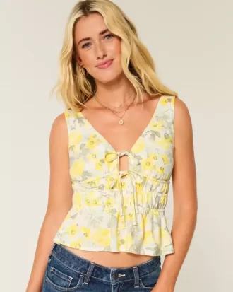 Linne-Blend Tie-Front Peplum Top