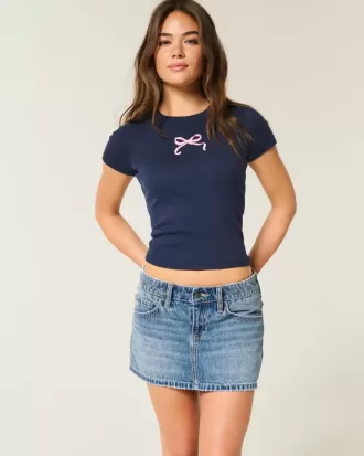 Low-Rise broderad rosett Denim Mini Skort