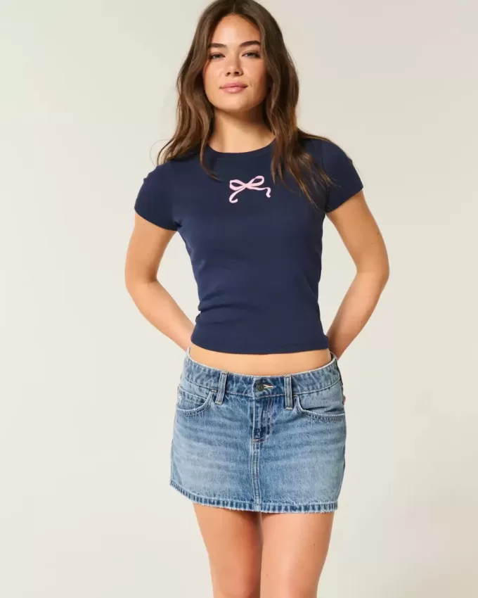 Low-Rise broderad rosett Denim Mini Skort