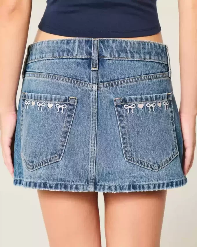Low-Rise broderad rosett Denim Mini Skort