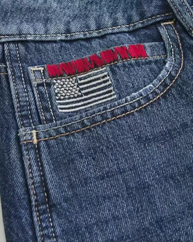 Low-Rise Dark Wash American Flag Graphic Baggy Jort Low-Rise Dark Wash American Flag Graphic Baggy Jort