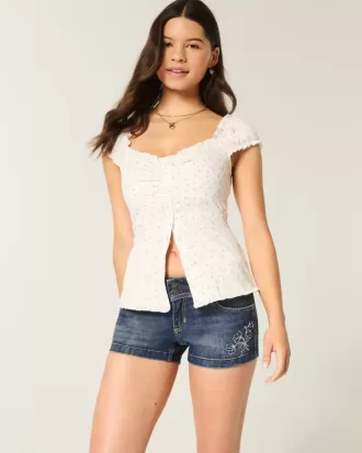 Low-Rise Dark Wash Broderade Shortie Shorts i denim