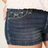 Low-Rise Dark Wash Broderade Shortie Shorts i denim Low-Rise Dark Wash Broderade Shortie Shorts i denim