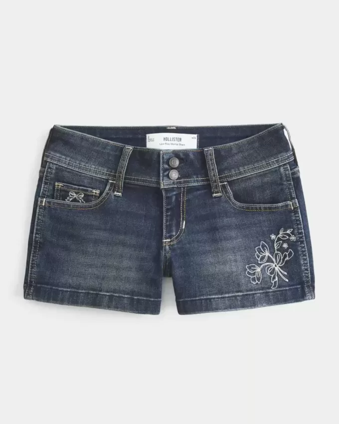 Low-Rise Dark Wash Broderade Shortie Shorts i denim Low-Rise Dark Wash Broderade Shortie Shorts i denim