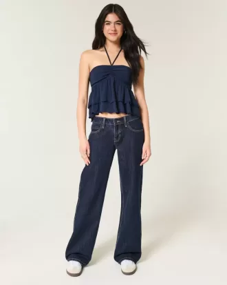 Low-Rise Dark Wash Vikbar midja Baggy jeans