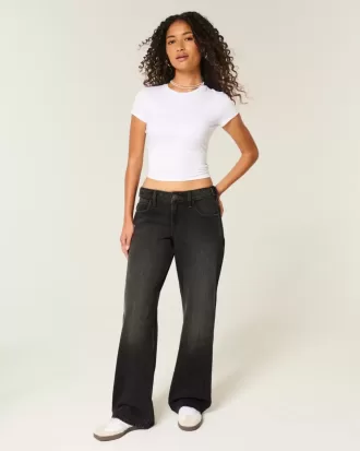 Low-Rise justerbar midja tvättade svarta baggy jeans