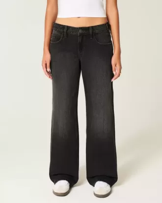 Low-Rise justerbar midja tvättade svarta baggy jeans
