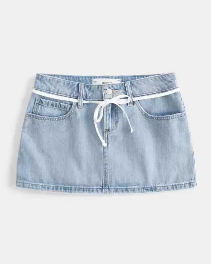 Low-Rise Light Wash Skosnöre Denim Mini Skort Low-Rise Light Wash Skosnöre Denim Mini Skort