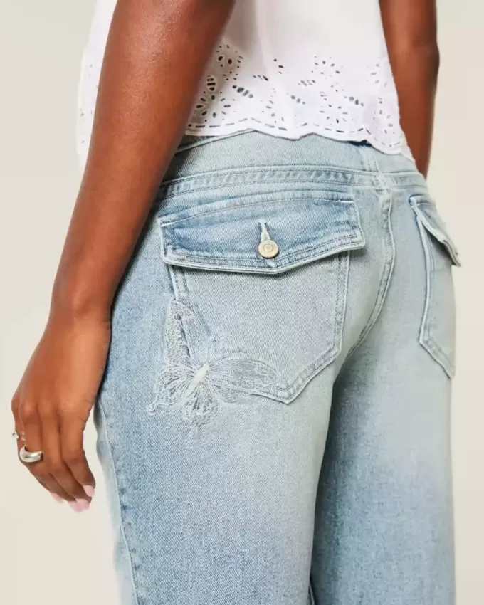 Low-Rise Medium Wash Broderade Butterfly Bootcut Jeans