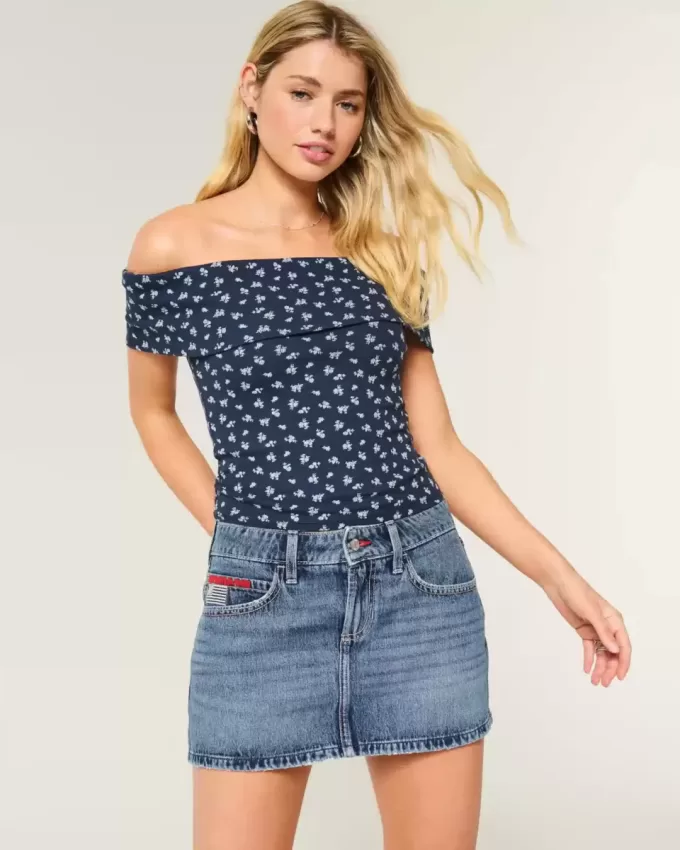 Low-Rise Medium Wash Flag Brodered Denim Mini Skort Low-Rise Medium Wash Flag Brodered Denim Mini Skort