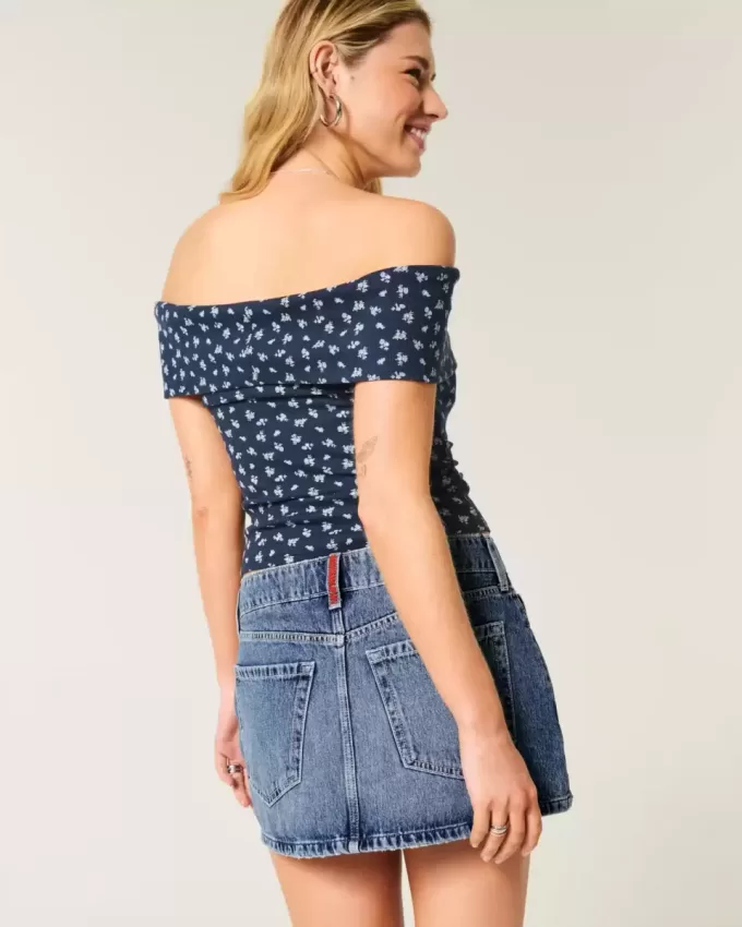 Low-Rise Medium Wash Flag Brodered Denim Mini Skort Low-Rise Medium Wash Flag Brodered Denim Mini Skort