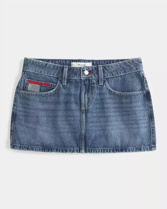 Low-Rise Medium Wash Flag Brodered Denim Mini Skort Low-Rise Medium Wash Flag Brodered Denim Mini Skort