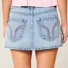 Low-Rise Pink Brodered Light Wash Denim Mini Skort Low-Rise Pink Brodered Light Wash Denim Mini Skort