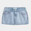 Low-Rise Pink Brodered Light Wash Denim Mini Skort Low-Rise Pink Brodered Light Wash Denim Mini Skort