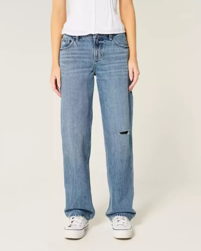 Low-Rise Ripped Medium Wash Loose Jeans Low-Rise Ripped Medium Wash Loose Jeans
