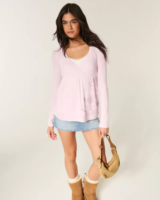 Lätt långärmad Babydoll Top med blommönster Lätt långärmad Babydoll Top med blommönster