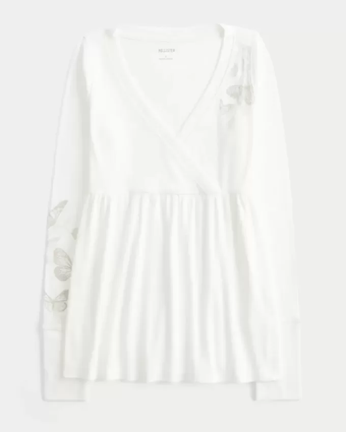 Lätt långärmad Babydoll Top med fjärilsmönster Lätt långärmad Babydoll Top med fjärilsmönster