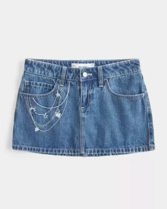Medium Wash Broderad Chain Denim Mini Skort