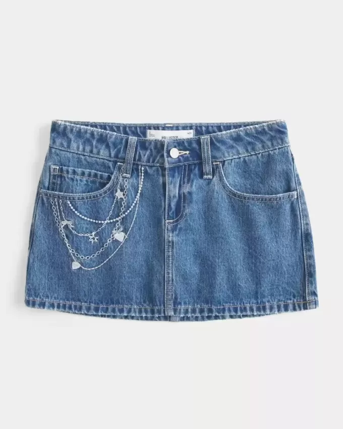 Medium Wash Broderad Chain Denim Mini Skort