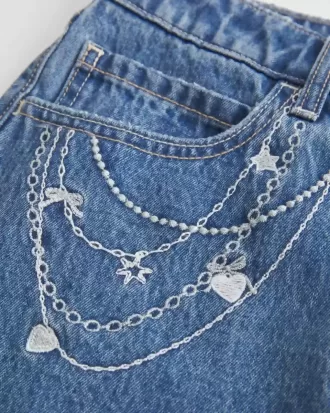 Medium Wash Broderad Chain Denim Mini Skort