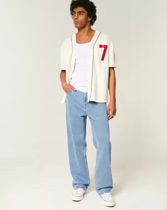 Medium Wash Broderade Baggy Jeans
