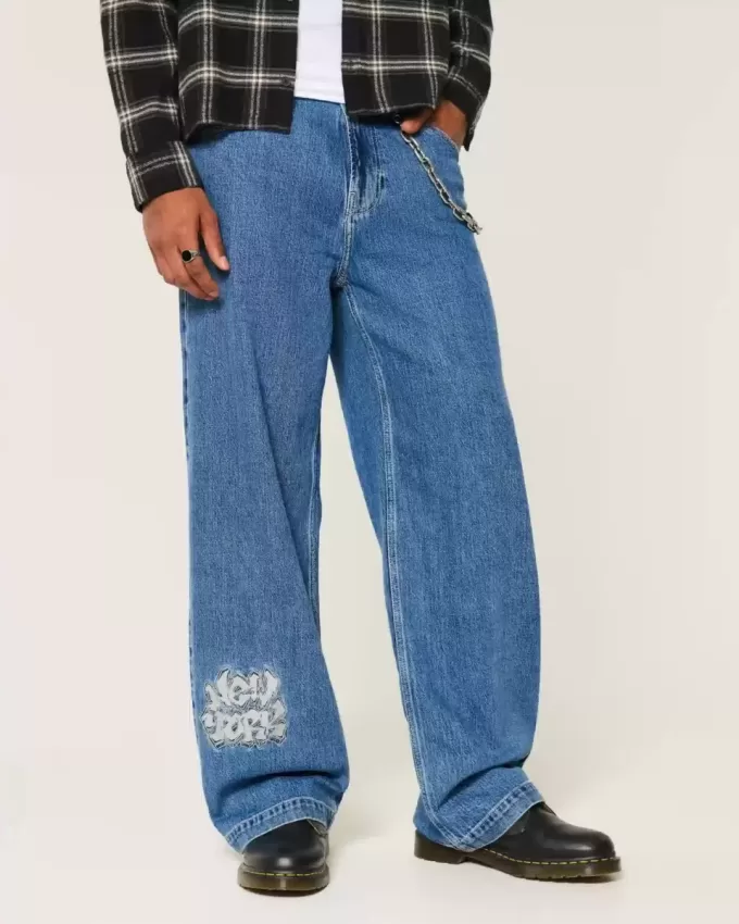 Medium Wash NYC Graphic Super Baggy Jeans Medium Wash NYC Graphic Super Baggy Jeans