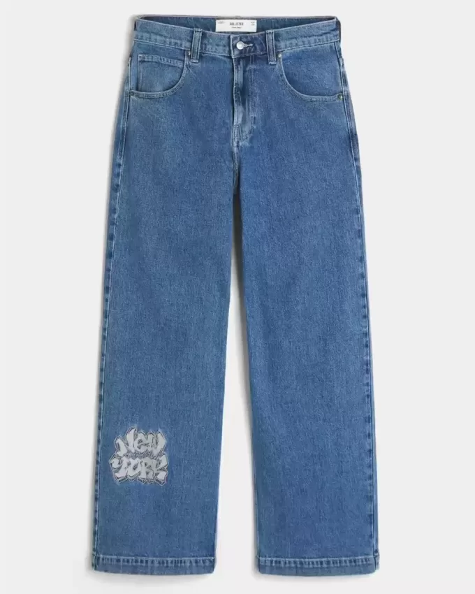 Medium Wash NYC Graphic Super Baggy Jeans Medium Wash NYC Graphic Super Baggy Jeans