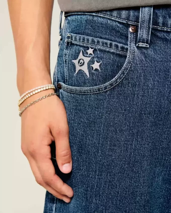 Medium Wash Star Graphic Skater Baggy Jeans Medium Wash Star Graphic Skater Baggy Jeans