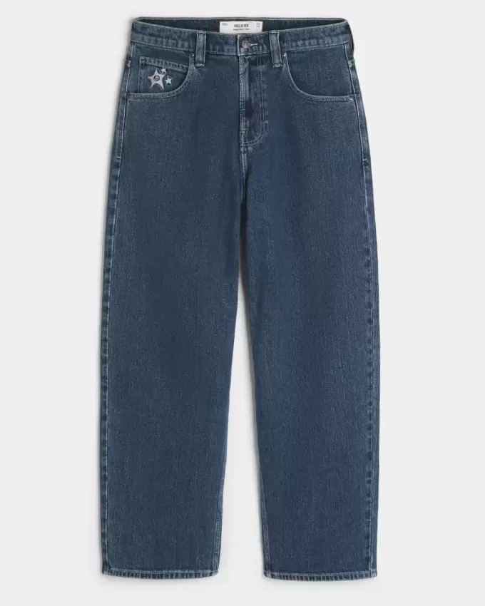 Medium Wash Star Graphic Skater Baggy Jeans Medium Wash Star Graphic Skater Baggy Jeans