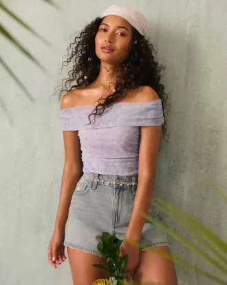 Mesh Foldover Off-the-Soulder Top