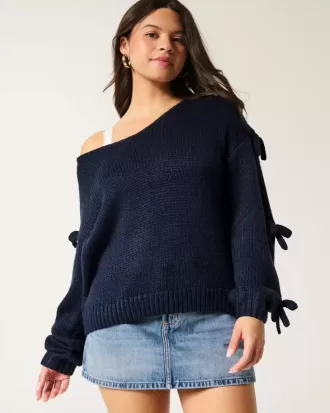 Off-the-Soulder Bow Applique Sweater