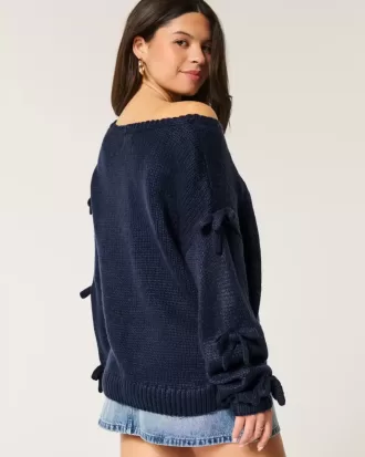 Off-the-Soulder Bow Applique Sweater