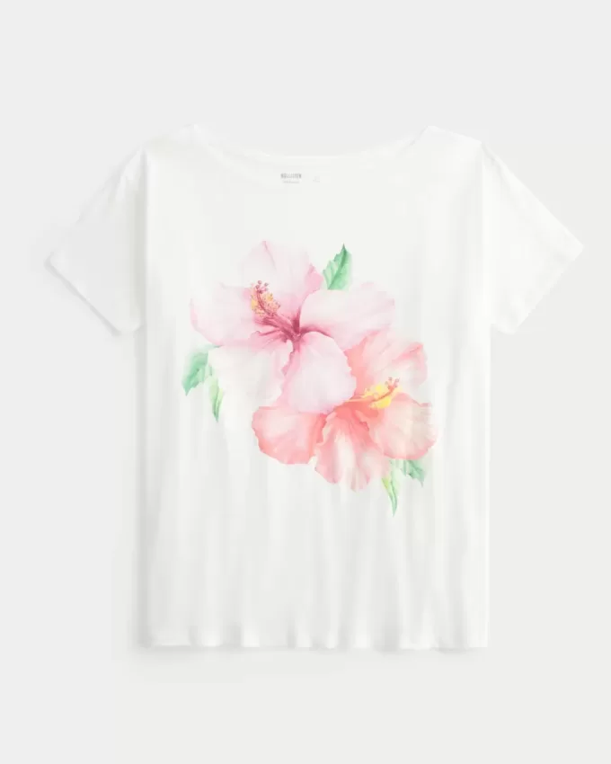 Off-the-Soulder Hibiscus Grafisk T-shirt