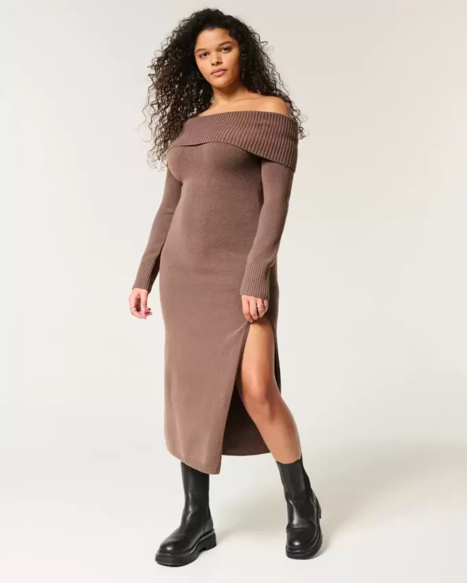 Off-the-Soulder Midi Sweater Klänning