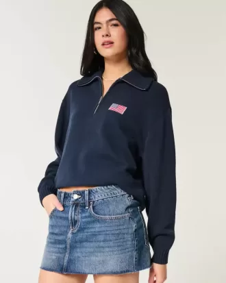 Oversized Half-Zip American Flag Graphic Sweater