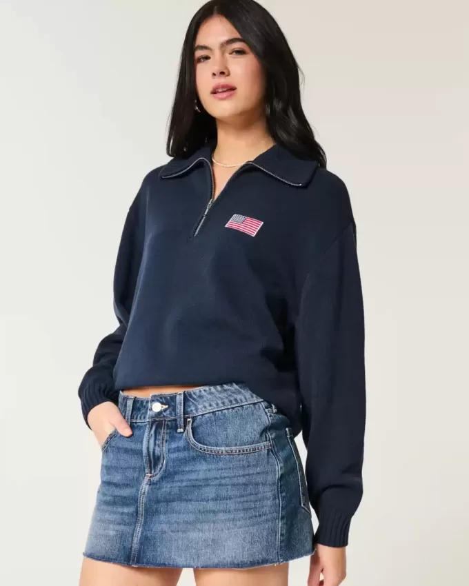 Oversized Half-Zip American Flag Graphic Sweater Oversized Half-Zip American Flag Graphic Sweater