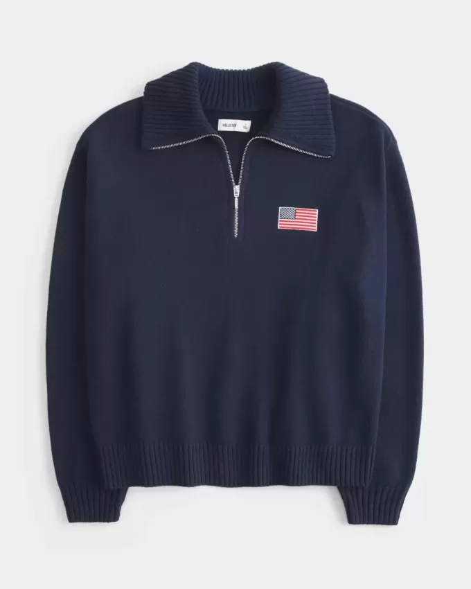Oversized Half-Zip American Flag Graphic Sweater Oversized Half-Zip American Flag Graphic Sweater